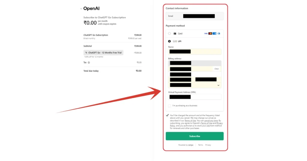 Then this window will appear where you have to put the asked information. Select whatever you are comfortable with. As in my case, I have selected UPI, and have entered all the information of m