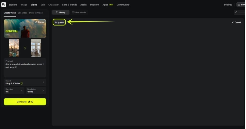 After clicking Generate button which will cost around 12 Credits because it's 1080p resolution + 10 seconds. Now our video is in queue as you can see in the image below