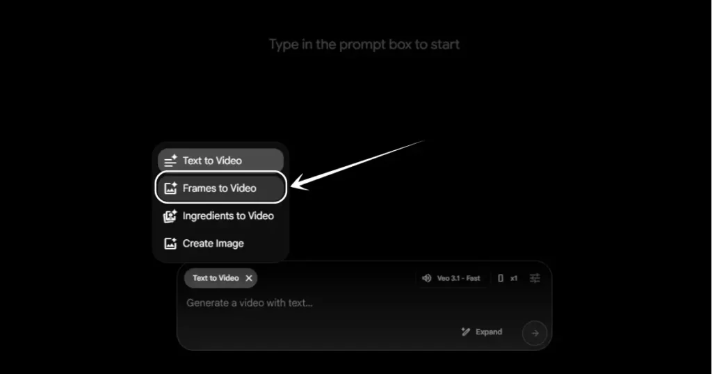 After clicking on Text to Video option, a list will appear just above it, select Frames to Video option there