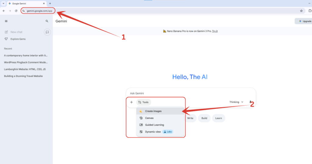 Let's first move to httpsgemini.google.com, then will click on Tools button, and select Create images option