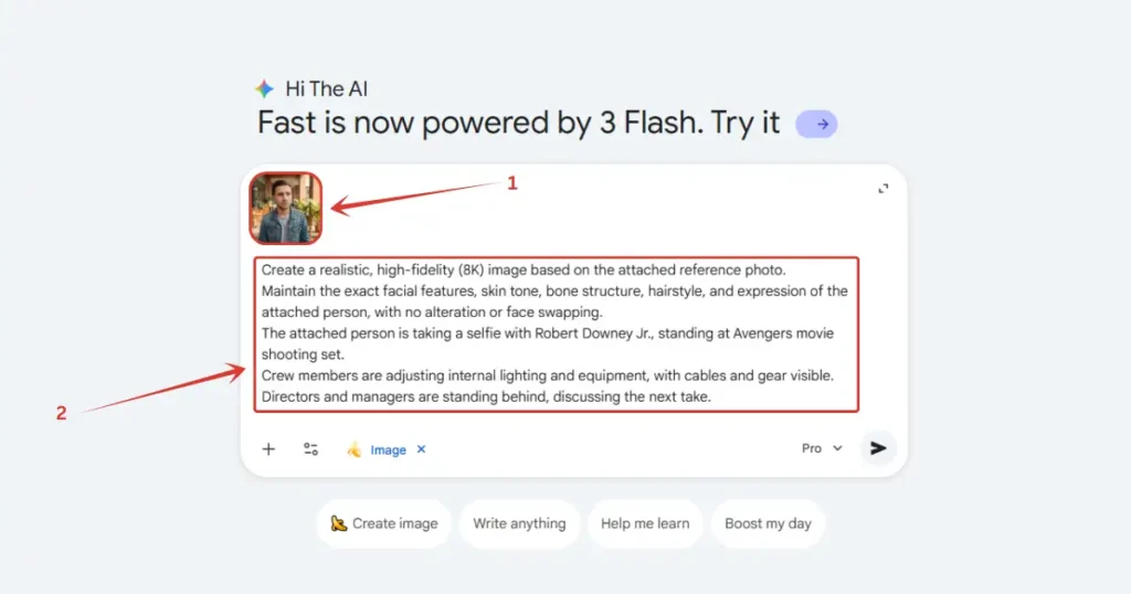 As you can see in the image down there, I have attached photo + wrote the prompt a well. Copy the prompt from below, and at placeholders like [Celebrity] and [SetLocation] add your preferred ones