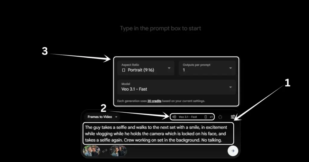 Copy and paste the prompt from below. Then click on Veo 3.1 - Fast which will trigger a menu just above it, and copy all the settings which are shown in the image down there