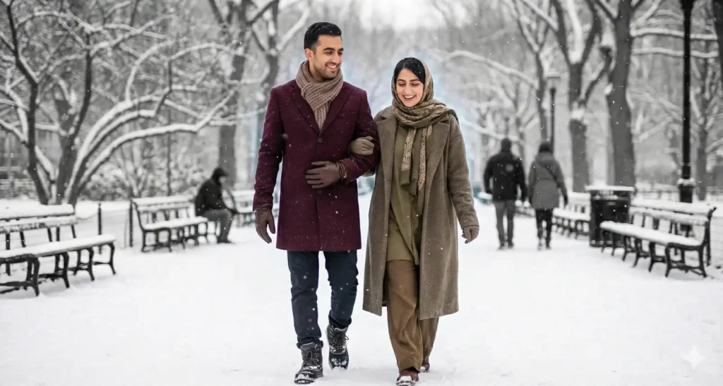 Couple at Winter Snowy Park