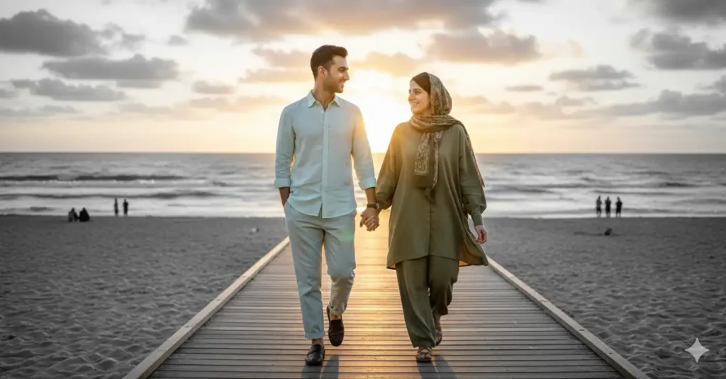 Couple on a Beachside Boardwalk at Sunset
