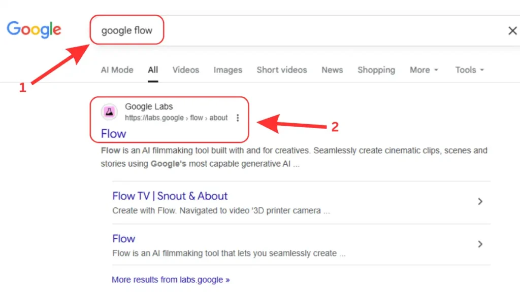 First, go to Google and search for google flow, and click on the first website as shown in the image down there