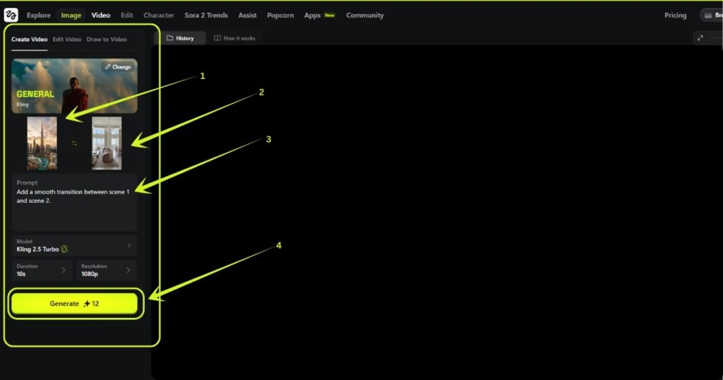 I have uploaded a wide angle image of Burj Khalifa located in Dubai in the start frame, and in the end frame, uploaded a well and modern room image. Wrote a simple prompt to add transition between