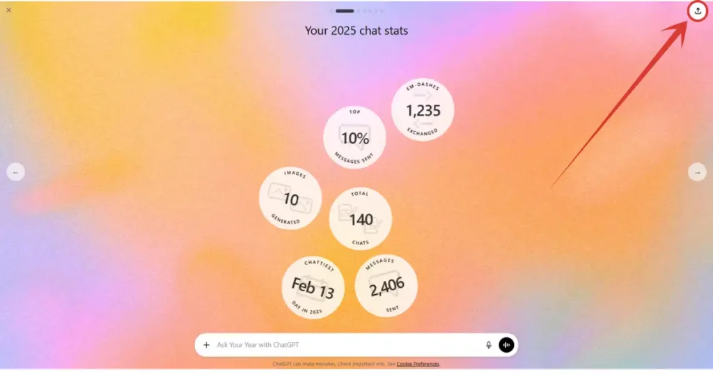 In this slide, you will get info like what was your chattiest day, total chats done, total images generated, total messages sent and so on. By the way, you can share & download this too by clickin