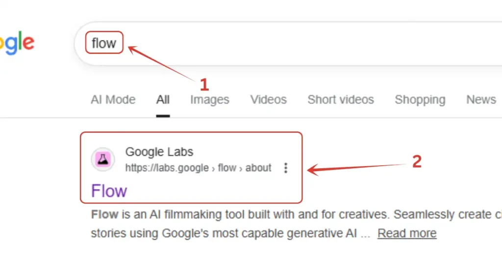 Now we will head to Google Flow. Search in Google, and click on first webiste