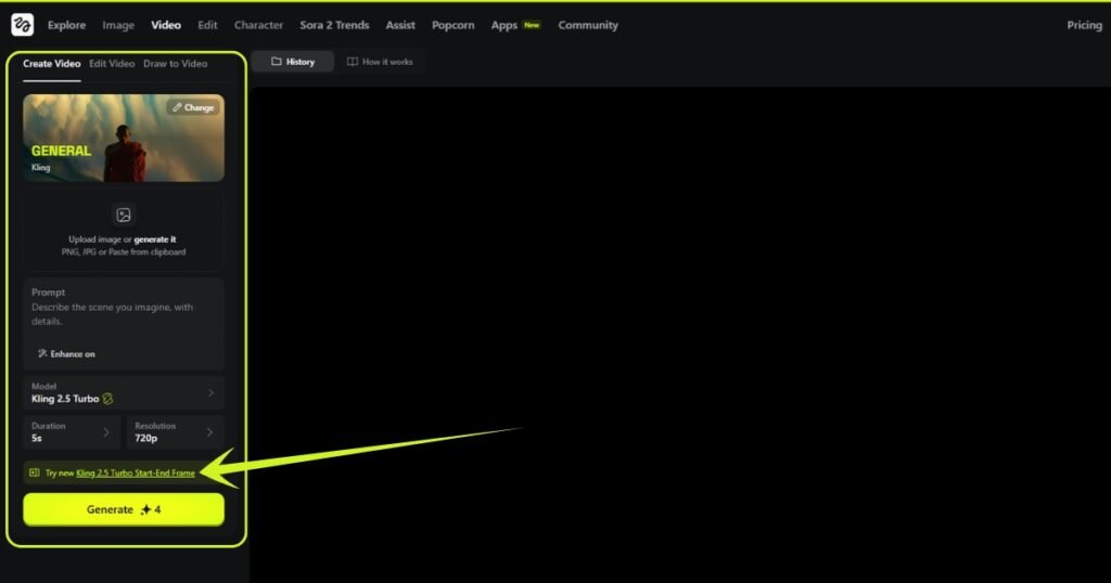 This window will appear. And here, click on Try new Kling 2.5 Turbo Star-End Frame option