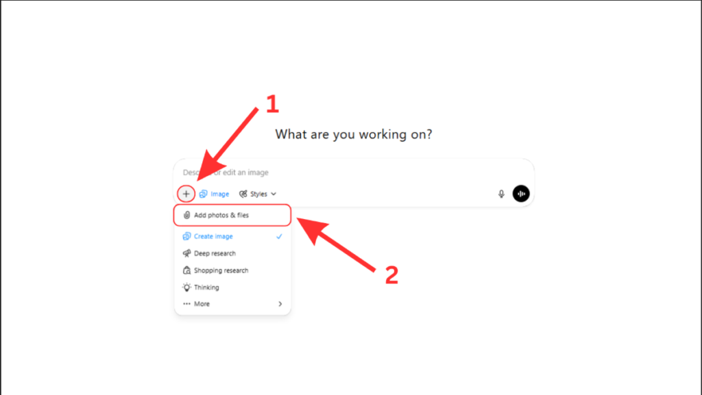 After that, again click on the '+' icon, and then click on "Add photos & files" in order to attached your photo. And lastly, pick any of the above prompts you like, paste in the input box, wait a few seconds, and you are all done