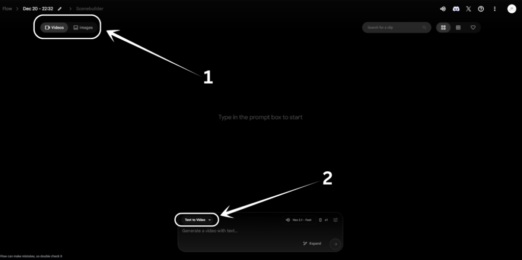  Once you land on this page, set it to "Videos" if it's not, and click on "Text to Video" option.