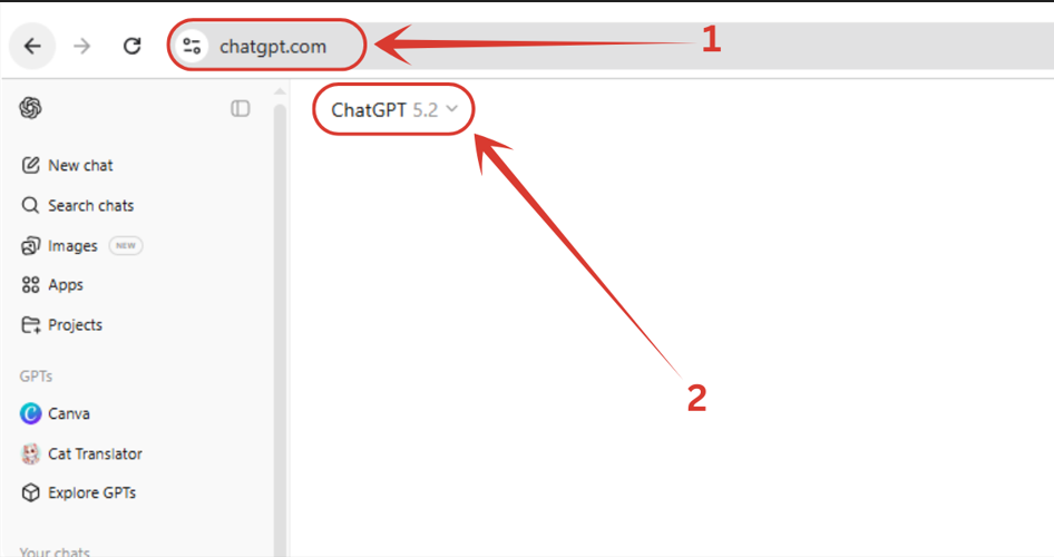 First we will got to ChatGPT's website HERE. Once you are on there, make sure your model is updated to ChatGPT 5.2. So if you don't have it yet, read here how can you get 18 months of ChatGPT Go for free. Because the feature of "Year Recap" only accessible to Pro and Go users.