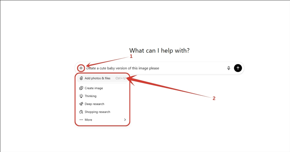 3. Then you click on the '+' icon, a dropdown list will appear, select "Add photos & files" option, and select the Instagram profile photo from your computer or smartphone.