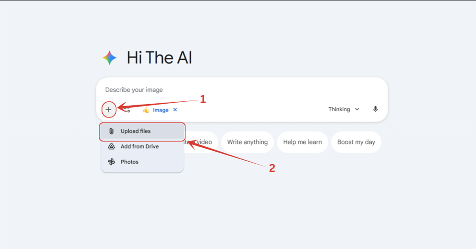 3. Then we will click on this '+' icon, and then on "Upload files" button, and will upload the image.