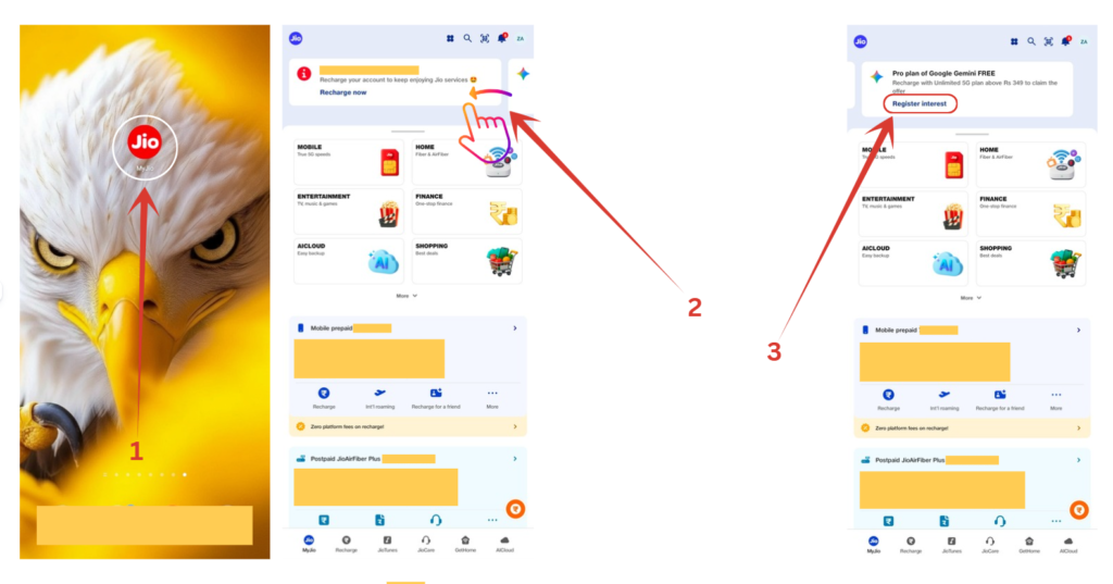 Open MyJio app, on the top slider you will see Gemini's offer banner. If you didn't see, just swipe as it may have hidden on the left or right side. Once you see it, tap on "Register Interest" button